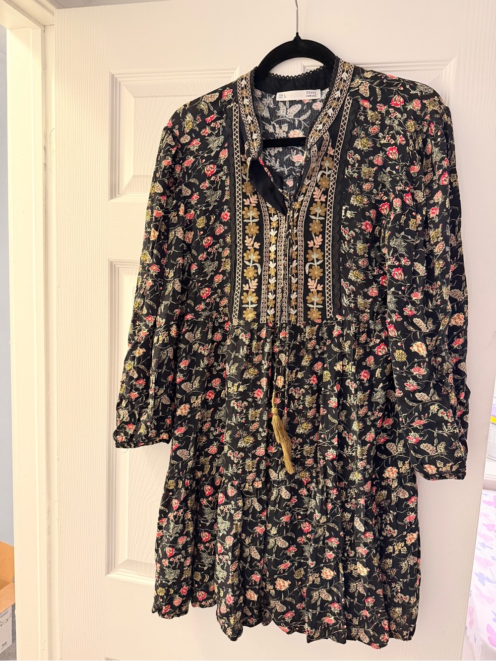 SFERRA Black Floral Embroidered Tunic Dress with Pink and Cream Accents